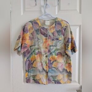 Vintage 80s Parabol Floral Watercolor Cotton Linen Shirt - Pit to Pit 19" - Rare
